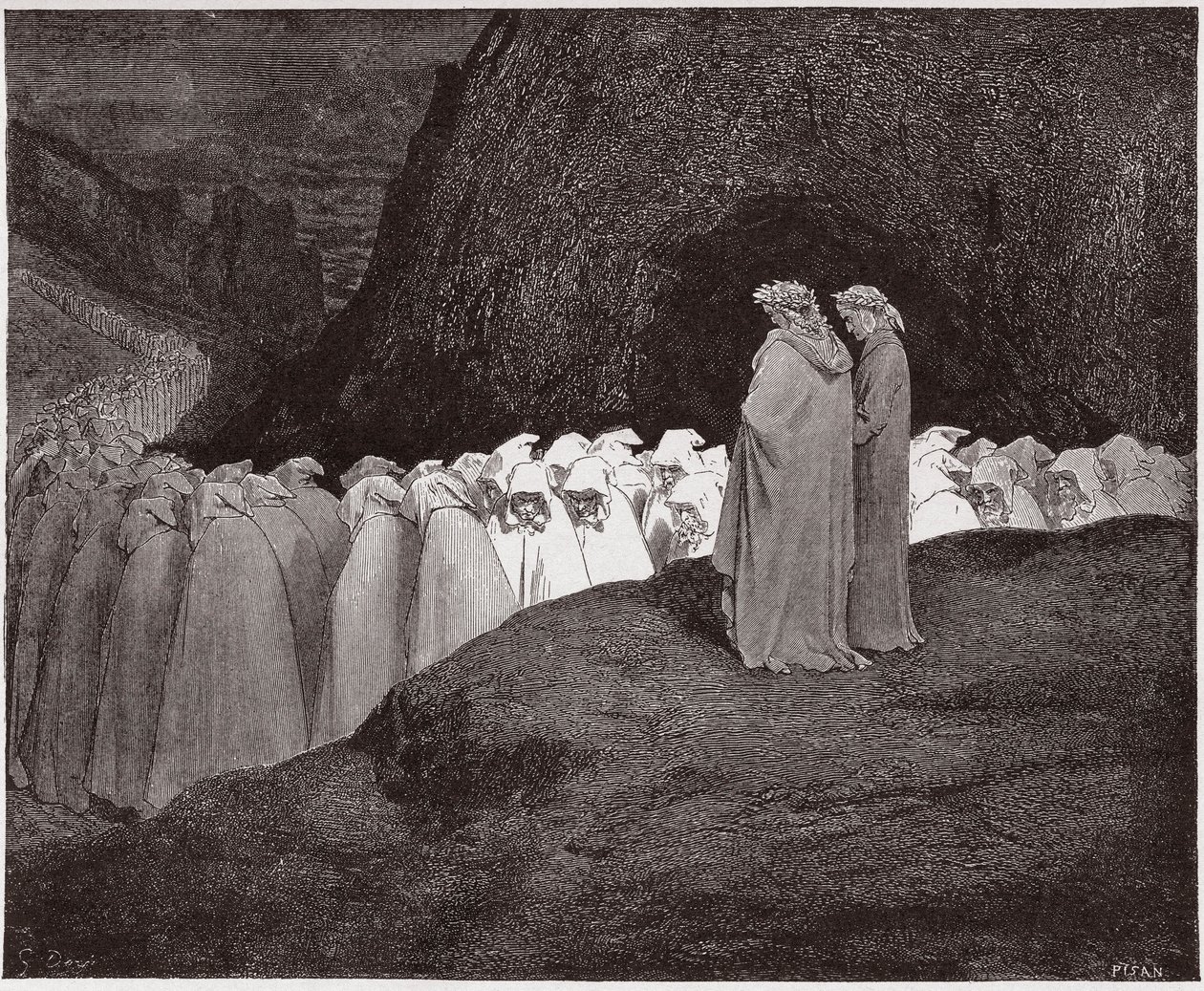 Boska Komedia (La Divina Commedia, La Divine Comedie), Inferno, Canto 23: Obłudnicy zwracają się do Dantego - Dante Alighieri (1265-1321) - Ilustracja Gustave Dore (1832-1883) autorstwa Gustave Dore