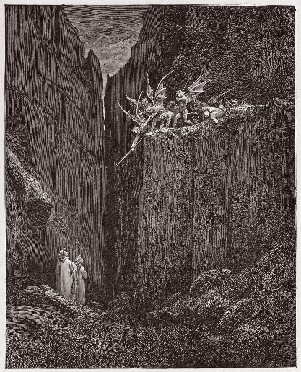 Boska Komedia (La Divina Commedia, La Divine Comedie), Inferno, Canto 23: Poeci uciekają przed demonami piątej bolgii - Dante Alighieri (1265-1321) - Ilustracja Gustave Dore (1832-1883) autorstwa Gustave Dore