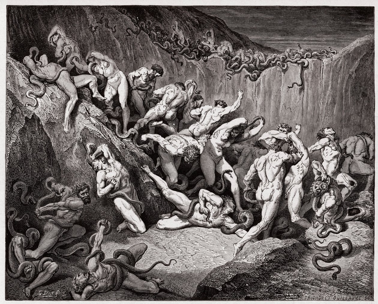 Boska Komedia (La Divina Commedia, La Divine Comedie), Inferno, Canto 24: Złodzieje dręczeni przez węże - Dante Alighieri (1265-1321) - Ilustracja Gustave Dore (1832-1883) autorstwa Gustave Dore