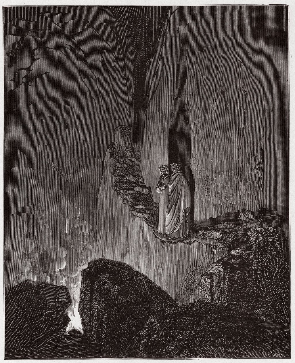 Boska Komedia (La Divina Commedia, La Divine Comedie), Inferno, Canto 26: Płonące duchy Ulissesa i Diomedesa - Dante Alighieri (1265-1321) - Ilustracja Gustave Dore (1832-1883) autorstwa Gustave Dore