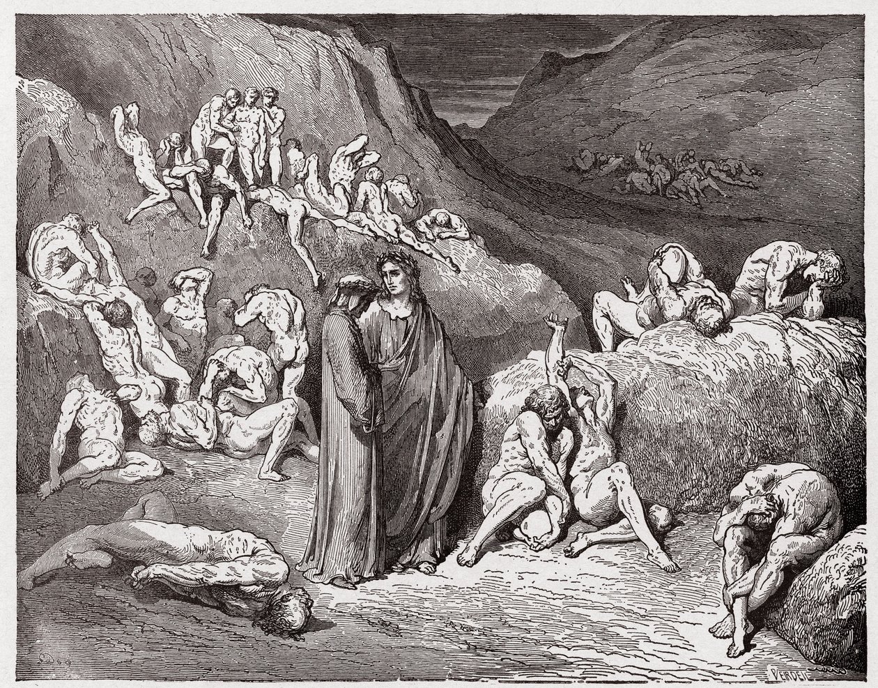 Boska Komedia (La Divina Commedia, La Divine Comedie), Inferno, Canto 29: Falsyfikatorzy i fałszerze dręczeni swędzeniem - Dante Alighieri (1265-1321) - Ilustracja Gustave Dore (1832-1883) autorstwa Gustave Dore