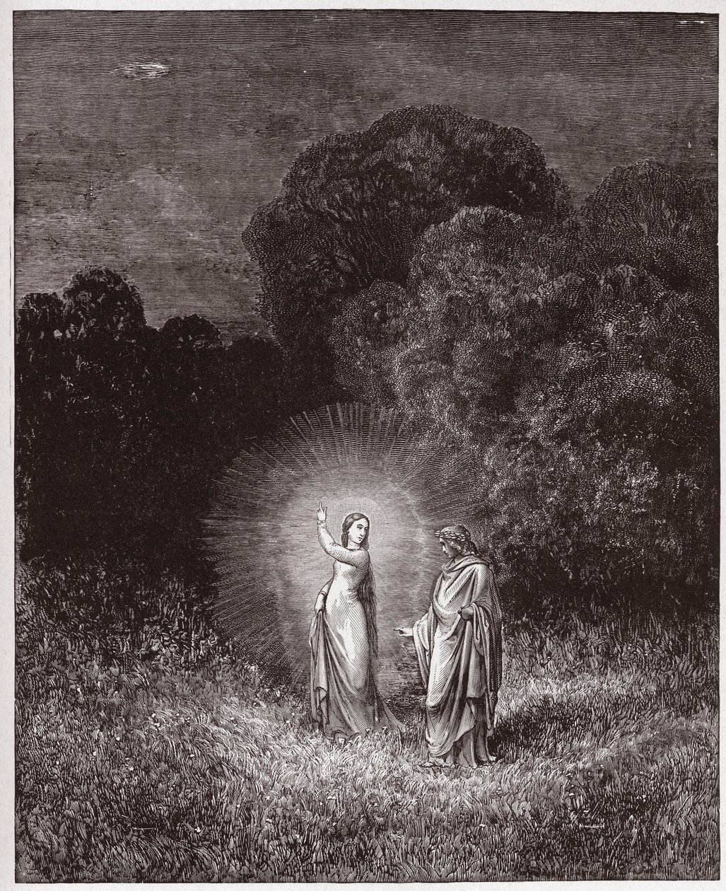 Boska Komedia (La Divina Commedia, La Divine Comedie), Inferno, Canto 2: Beatrice and Virgil - autorstwa Dante Alighieri (1265-1321) - Ilustracja Gustave Dore (1832-1883) autorstwa Gustave Dore