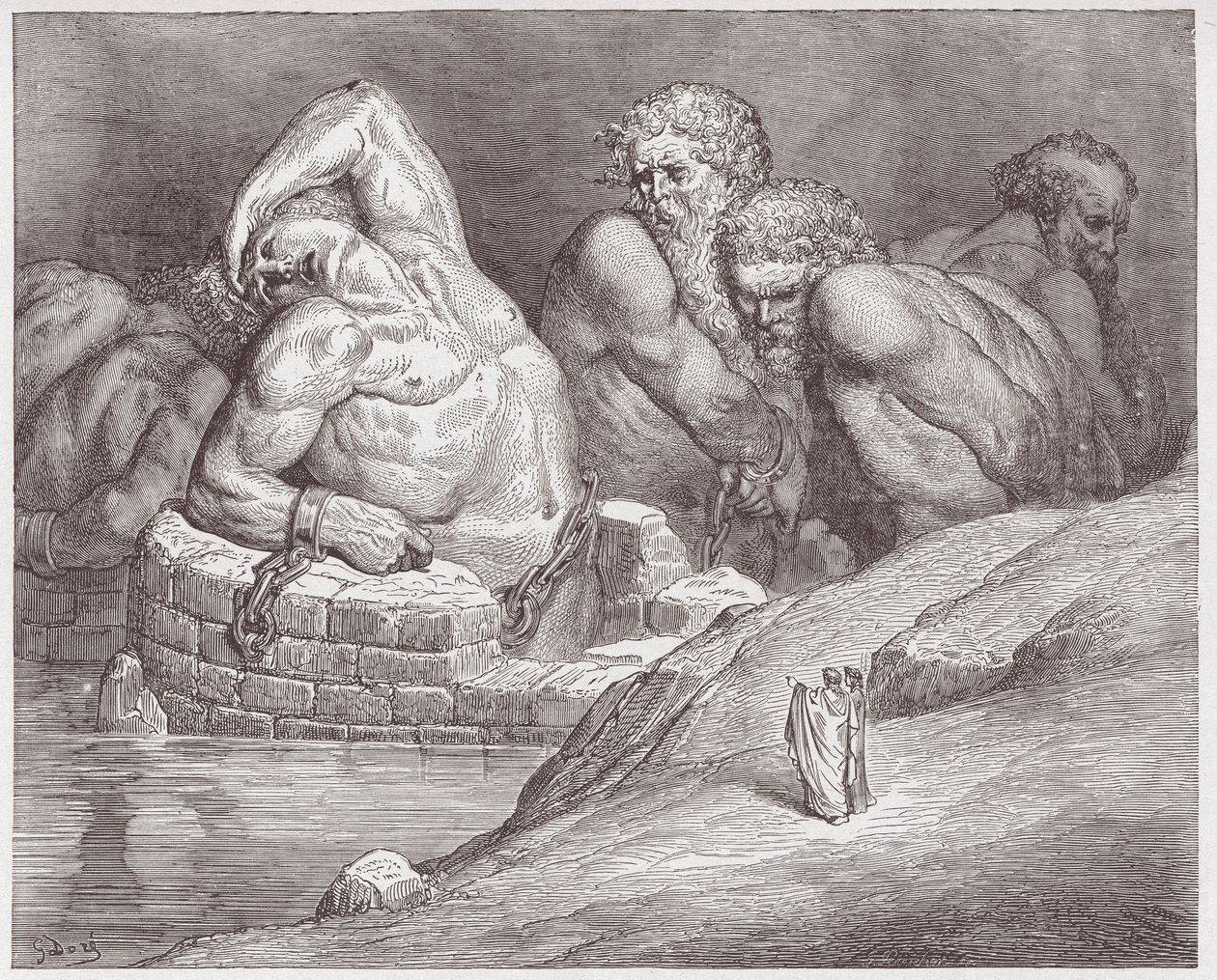 Boska Komedia (La Divina Commedia, La Divine Comedie), Inferno, Canto 31: Efialtes w kajdankach wśród gigantów - Dante Alighieri (1265-1321) - Ilustracja Gustave Dore (1832-1883) autorstwa Gustave Dore