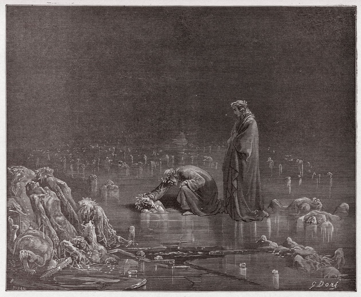 Boska Komedia (La Divina Commedia, La Divine Comedie), Inferno, Canto 32: Dante zwraca się do zdrajcy Bocca degli Abati - autorstwa Dante Alighieri (1265-1321) - Ilustracja Gustave Dore (1832-1883) autorstwa Gustave Dore