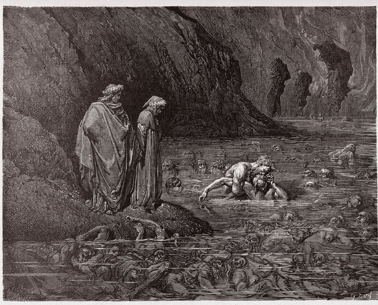 Boska Komedia (La Divina Commedia, La Divine Comedie), Inferno, Canto 32: Ugolino gryzie głowę arcybiskupa Ruggieri - autorstwa Dante Alighieri (1265-1321) - Ilustracja Gustave Dore (1832-1883) autorstwa Gustave Dore