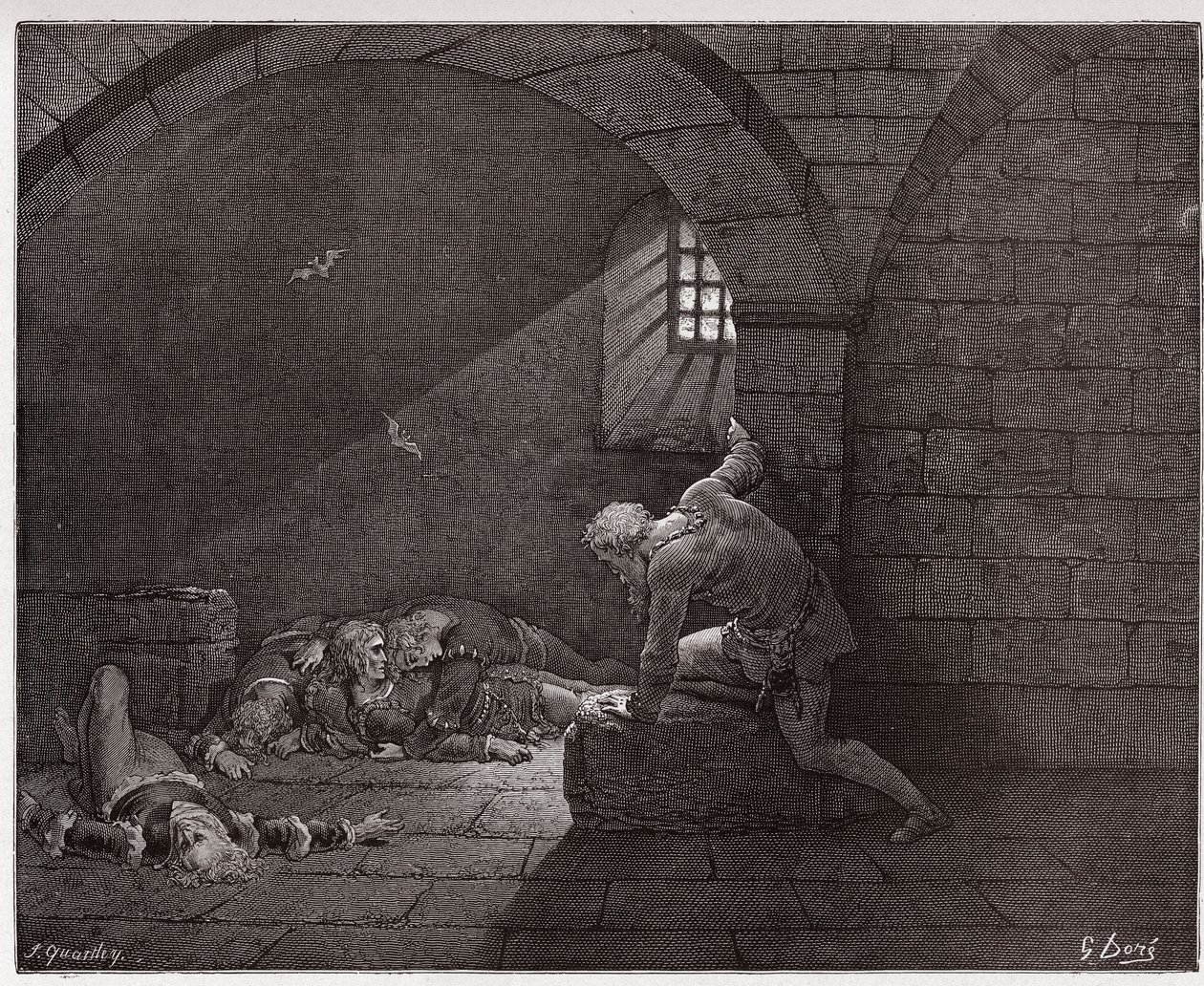 Boska Komedia (La Divina Commedia, La Divine Comedie), Inferno, Canto 33: Ugolino w celi z czterema zmarłymi synami - Dante Alighieri (1265-1321) - Ilustracja Gustave Dore (1832-1883) autorstwa Gustave Dore