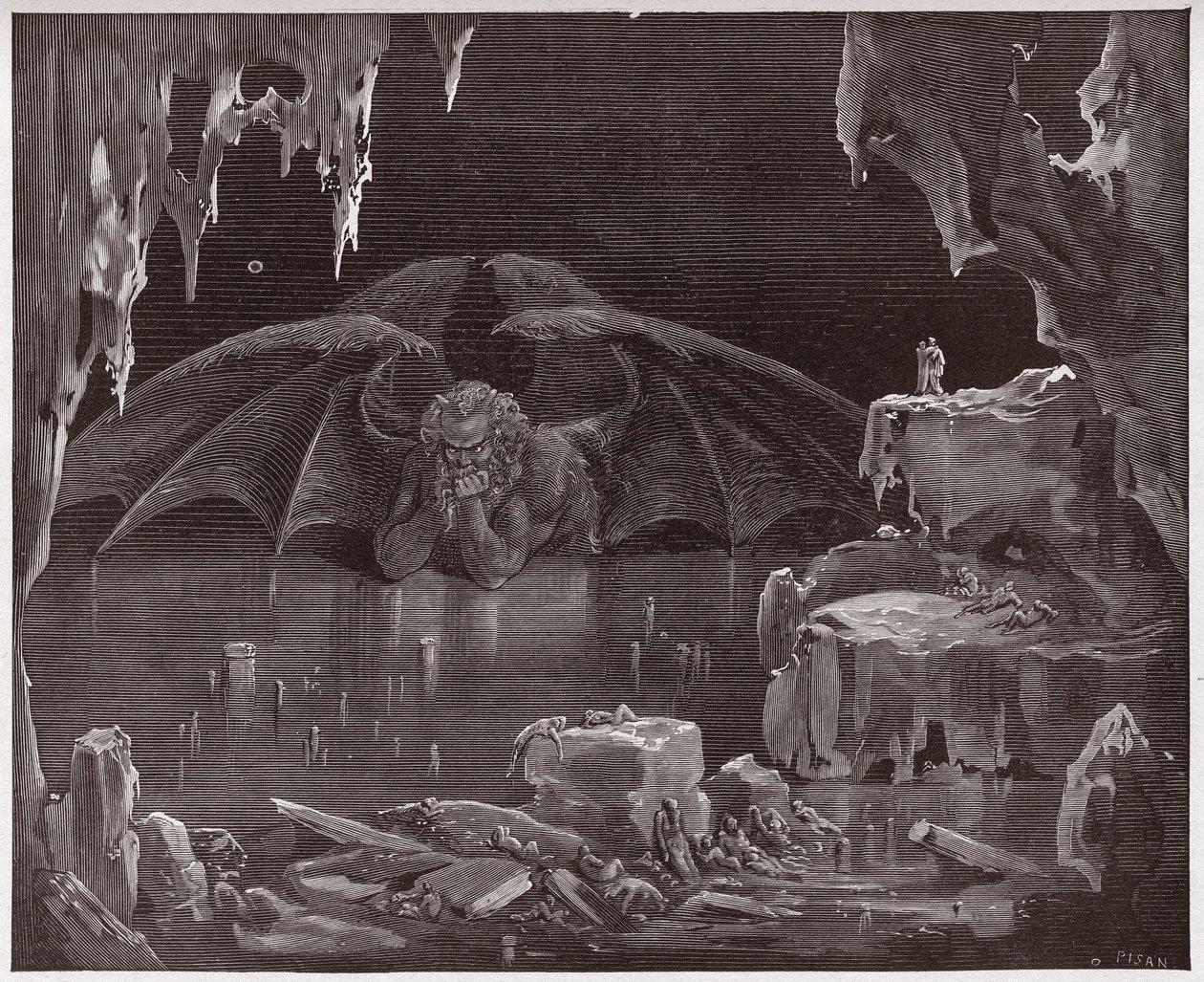 Boska Komedia (La Divina Commedia, La Divine Comedie), Inferno, Canto 34: Lucyfer, król piekła, zamarznięty w lodzie - Dante Alighieri (1265-1321) - Ilustracja Gustave Dore (1832-1883) autorstwa Gustave Dore