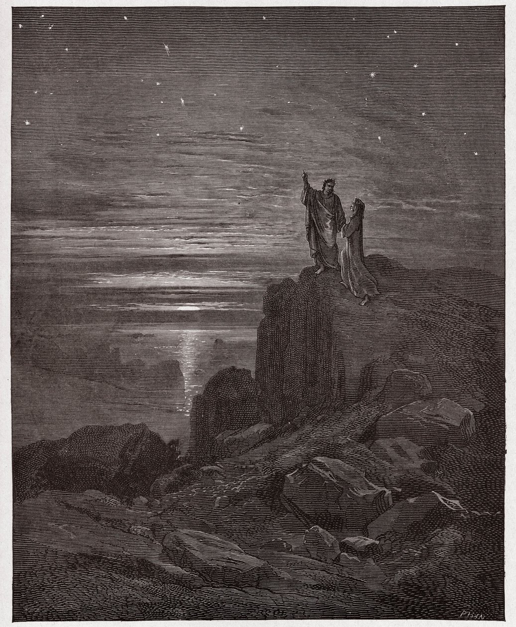 Boska Komedia (La Divina Commedia, La Divine Comedie), Inferno, Canto 34: Poeci wychodzą z piekła - Dante Alighieri (1265-1321) - Ilustracja Gustave Dore (1832-1883) autorstwa Gustave Dore