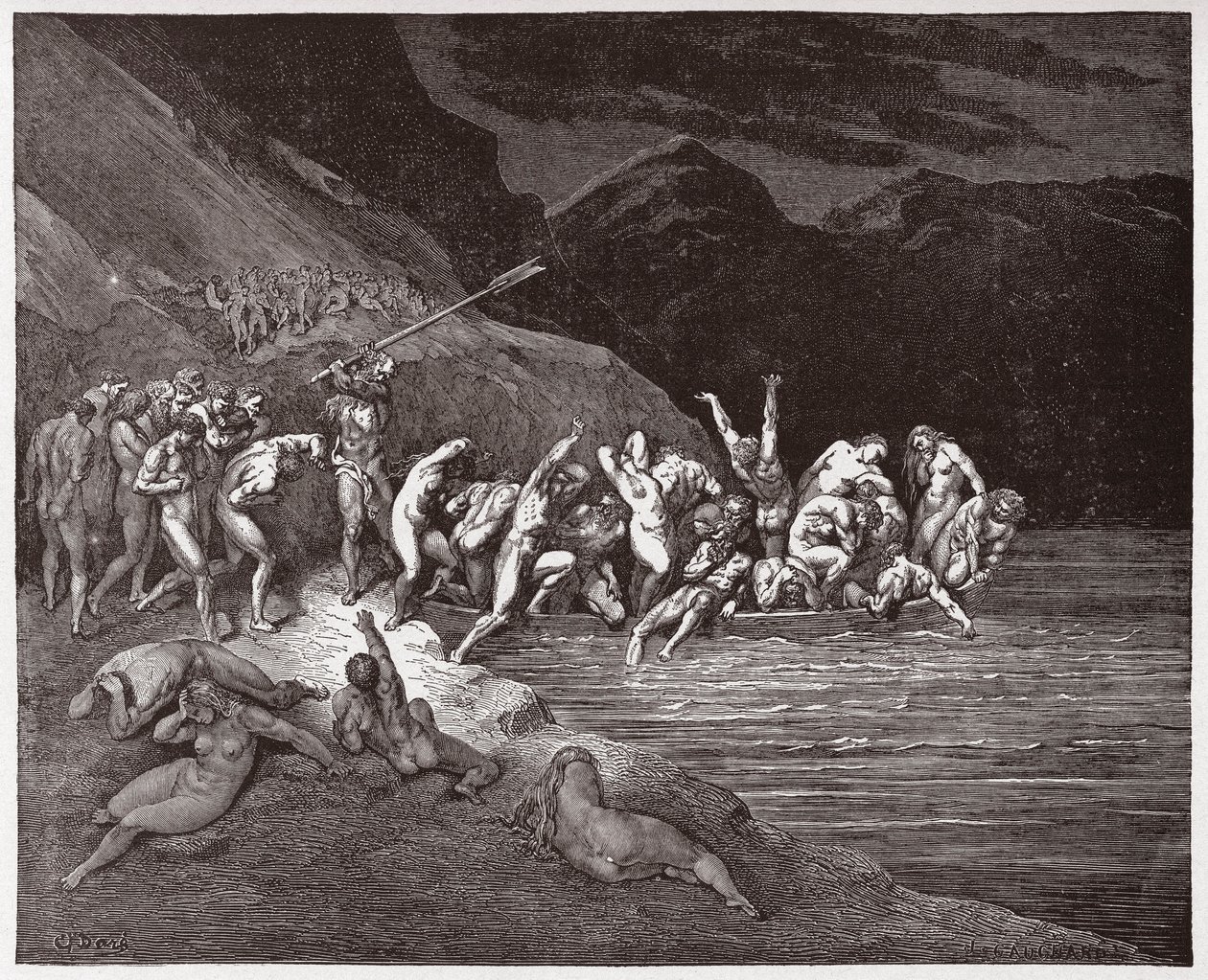 Boska Komedia (La Divina Commedia, La Divine Comedie), Inferno, Canto 3: Zgubione dusze wyruszające na przeprawę przez Acheron - Dante Alighieri (1265-1321) - Ilustracja Gustave Dore (1832-1883) autorstwa Gustave Dore