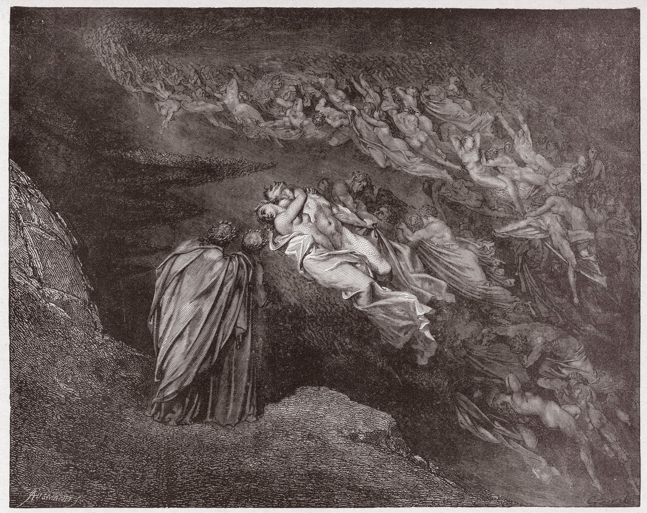 Boska Komedia (La Divina Commedia, La Divine Comedie), Inferno, Canto 5: Dusza Franceski przemawia do Dantego - Dante Alighieri (1265-1321) - Ilustracja Gustave Dore (1832-1883) autorstwa Gustave Dore