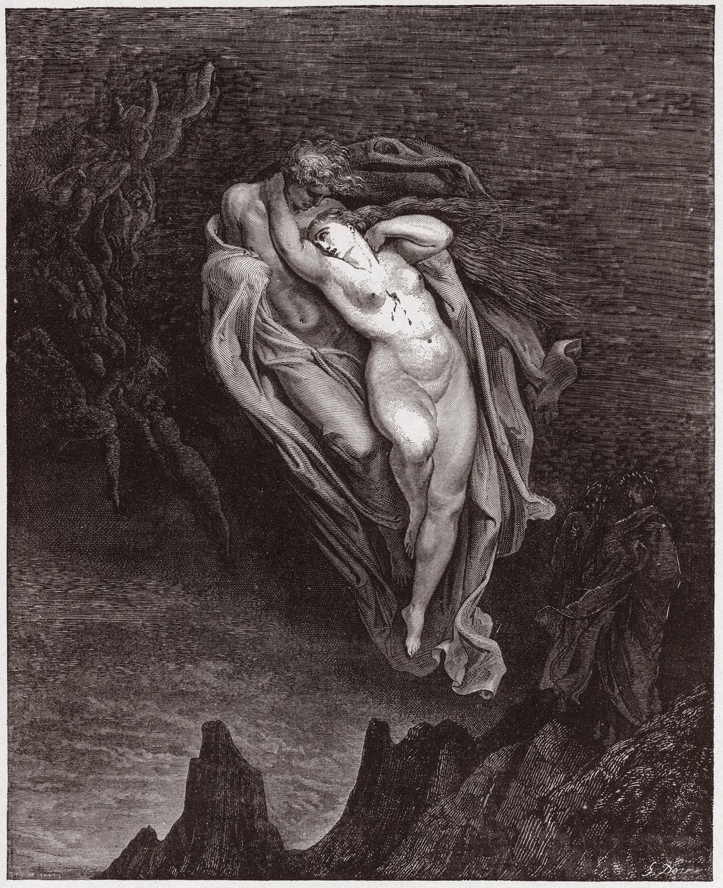 Boska Komedia (La Divina Commedia, La Divine Comedie), Inferno, Canto 5: Dusze Paola i Franceski - Dante Alighieri (1265-1321) - Ilustracja Gustave Dore (1832-1883) autorstwa Gustave Dore