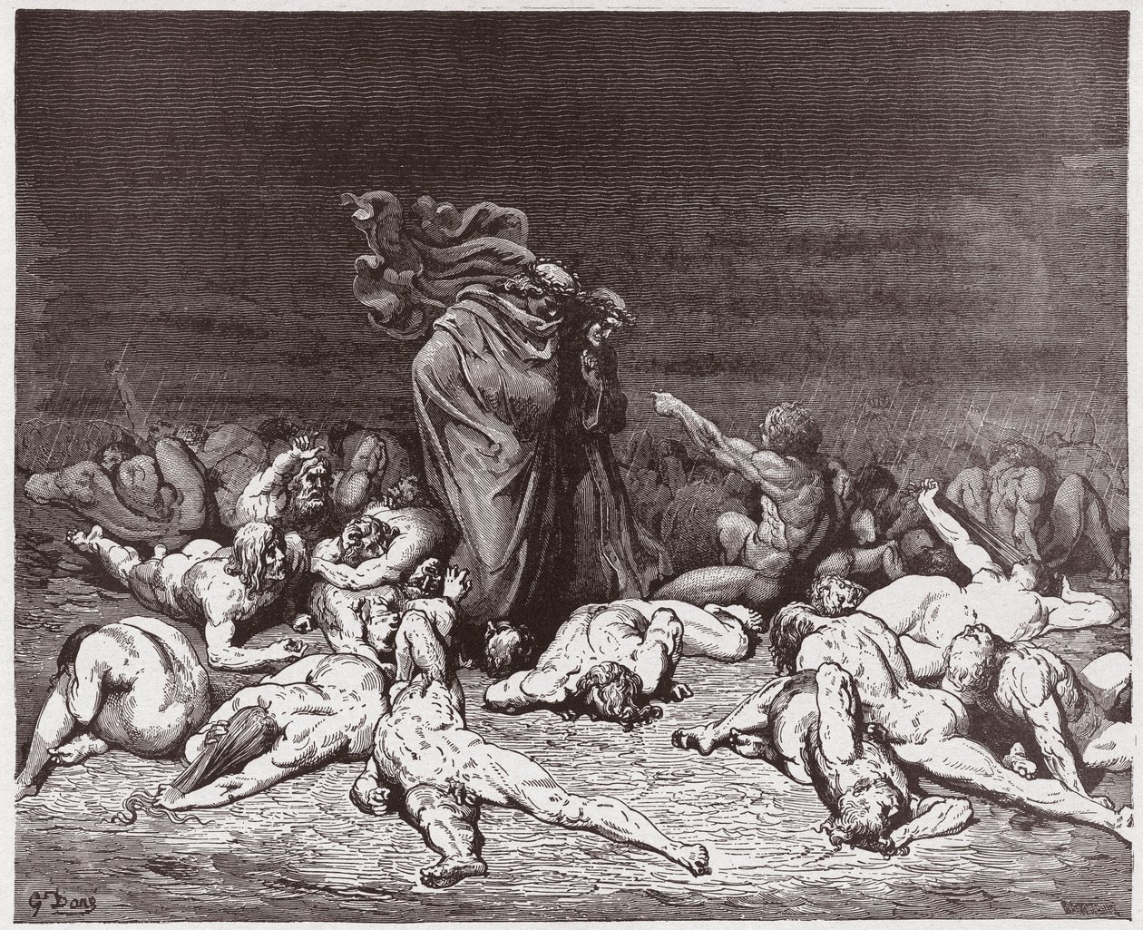 Boska Komedia (La Divina Commedia, La Divine Comedie), Inferno, Canto 6: Obżeracze nękani wiecznym deszczem - Dante Alighieri (1265-1321) - Ilustracja Gustave Dore (1832-1883) autorstwa Gustave Dore