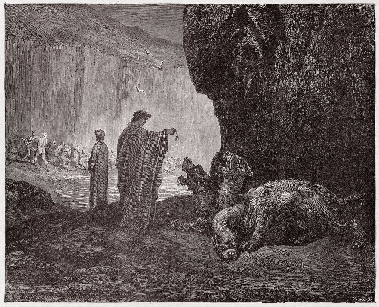 Boska Komedia (La Divina Commedia, La Divine Comedie), Inferno, Canto 6: Wergiliusz karmi Cerbera w trzecim kręgu - Dante Alighieri (1265-1321) - Ilustracja Gustave Dore (1832-1883) autorstwa Gustave Dore