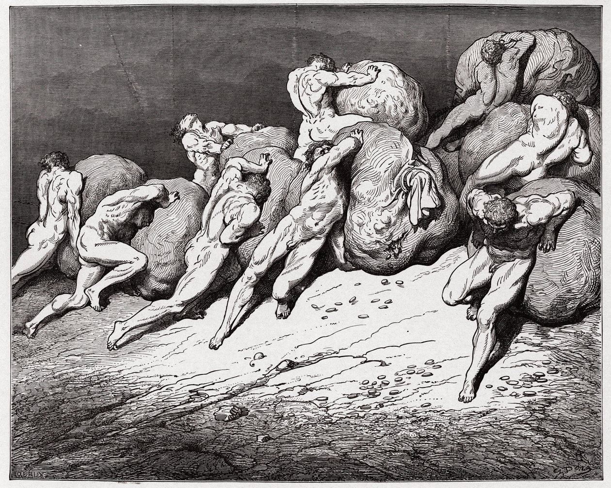 Boska Komedia (La Divina Commedia, La Divine Comedie), Inferno, Canto 7: Dusze chciwych i marnotrawne zmuszone do toczenia ciężkich kamieni - Dante Alighieri (1265-1321) - Ilustracja Gustave Dore (1832-1883) autorstwa Gustave Dore
