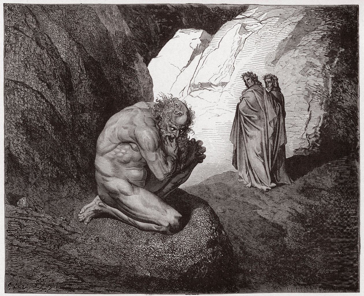 Boska Komedia (La Divina Commedia, La Divine Comedie), Inferno, Canto 7: Wergiliusz gani Plutusa przy wejściu do czwartego kręgu - Dante Alighieri (1265-1321) - Ilustracja Gustave Dore (1832-1883) autorstwa Gustave Dore