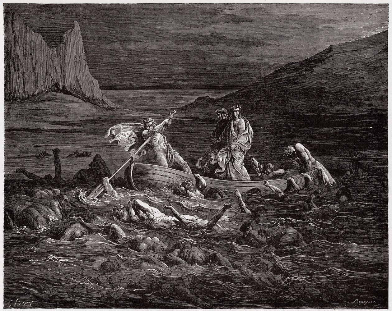 Boska Komedia (La Divina Commedia, La Divine Comedie), Inferno, Canto 8: Phlegyas promuje Dantego i Wergiliusza przez Styks - autorstwa Dante Alighieri (1265-1321) - Ilustracja Gustave Dore (1832-1883) autorstwa Gustave Dore