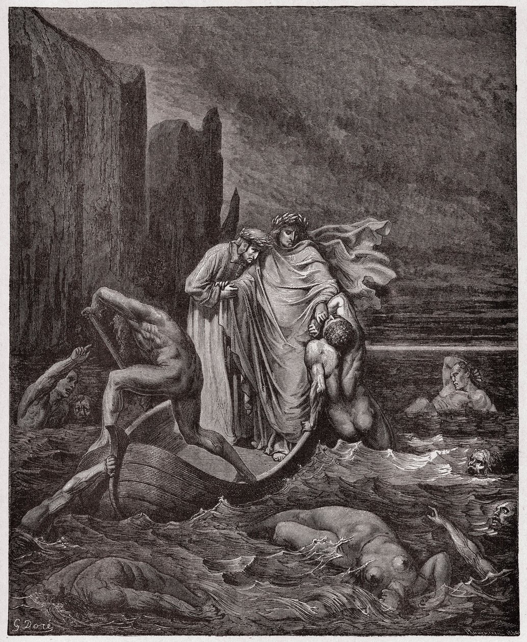 Boska Komedia (La Divina Commedia, La Divine Comedie), Inferno, Canto 8: Dusza florenckiego Philippo Argentiego zaczepia poetów na Styksie - Dante Alighieri (1265-1321) - Ilustracja Gustave Dore (1832-1883) autorstwa Gustave Dore