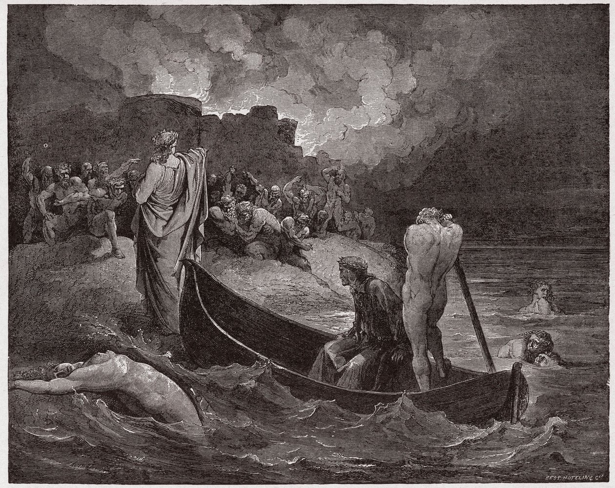 Boska Komedia (La Divina Commedia, La Divine Comedie), Inferno, Canto 8: Wergiliusz i Dante wysiadają z cytadeli Dis - autorstwa Dante Alighieri (1265-1321) - Ilustracja Gustave Dore (1832-1883) autorstwa Gustave Dore