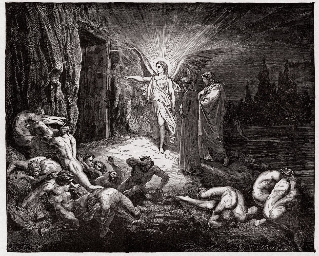 Boska Komedia (La Divina Commedia, La Divine Comedie), Inferno, Canto 9: Anioł otwiera bramy - autorstwa Dante Alighieri (1265-1321) - Ilustracja Gustave Dore (1832-1883) autorstwa Gustave Dore
