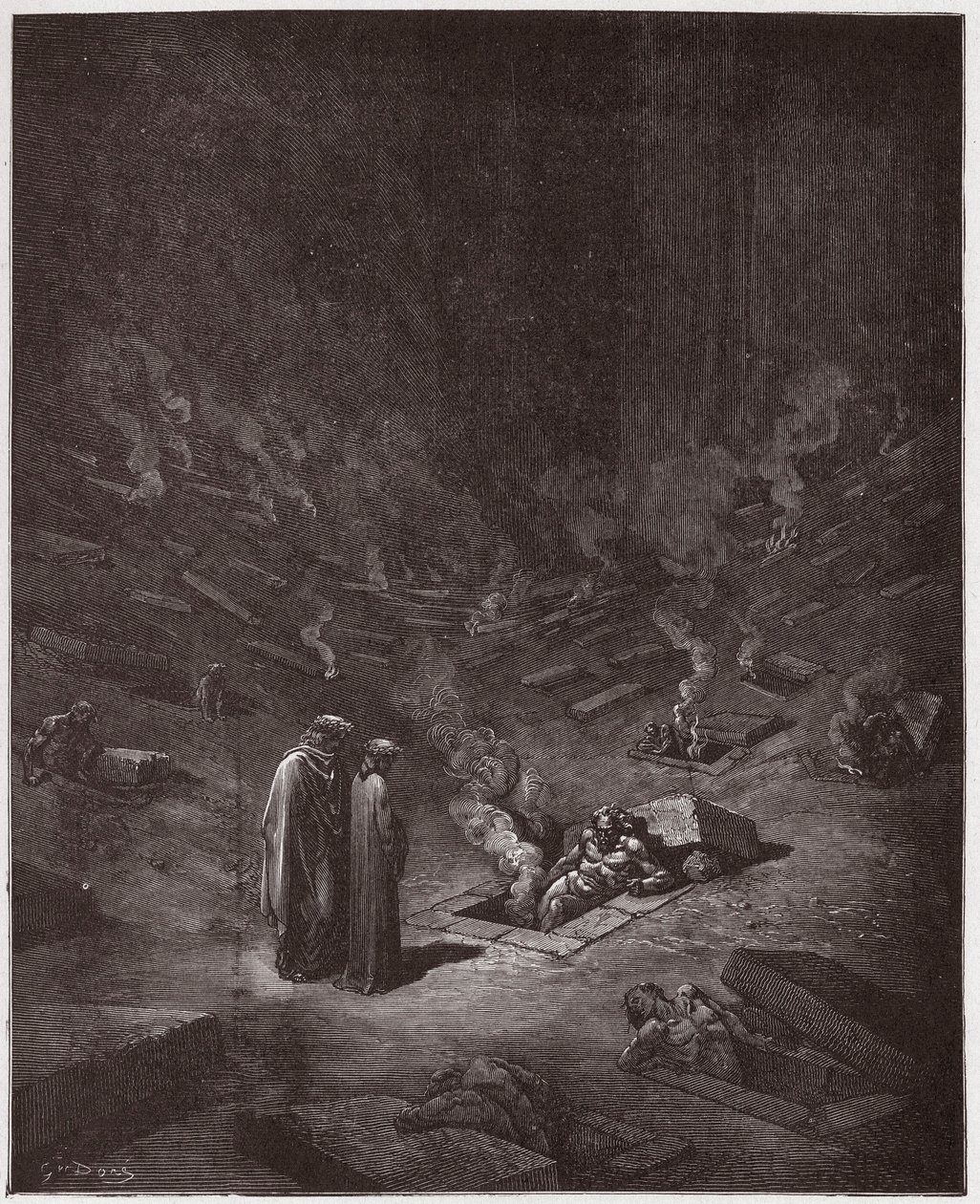 Boska Komedia (La Divina Commedia, La Divine Comedie), Inferno, Canto 9: Płonące grobowce herezjarchów - Dante Alighieri (1265-1321) - Ilustracja Gustave Dore (1832-1883) autorstwa Gustave Dore