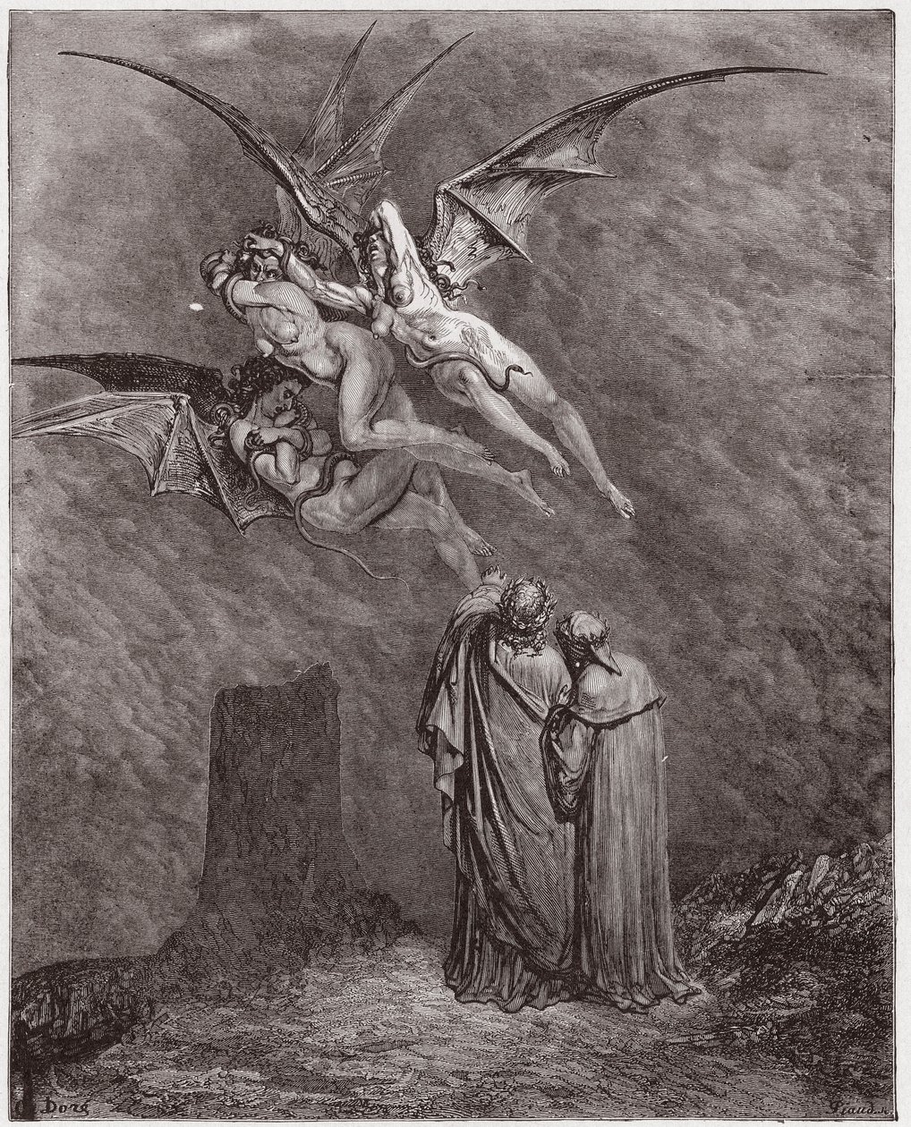 Boska Komedia (La Divina Commedia, La Divine Comedie), Inferno, Canto 9: Ohydne Erinyes: Megaera, Tisphone, Alecto - autorstwa Dante Alighieri (1265-1321) - Ilustracja Gustave Dore (1832-1883) autorstwa Gustave Dore