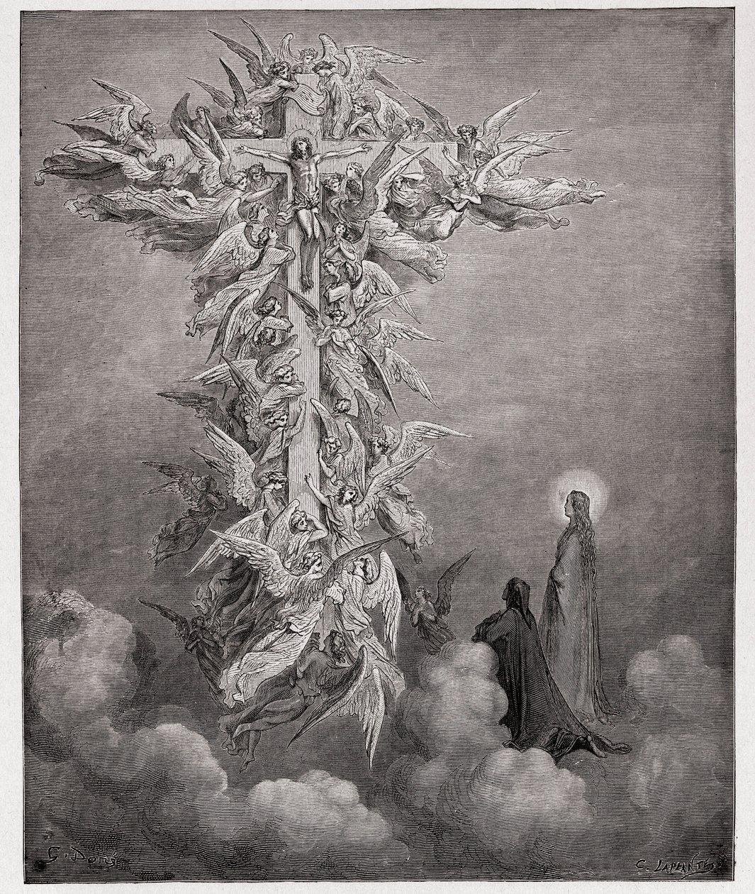 Boska Komedia (La Divina Commedia, La Divine Comedie), Paradiso, Canto 14: Dante i Beatrice widzą anioły z Chrystusem na krzyżu - autorstwa Dante Alighieri (1265-1321) - Ilustracja Gustave Dore (1832-1883) autorstwa Gustave Dore