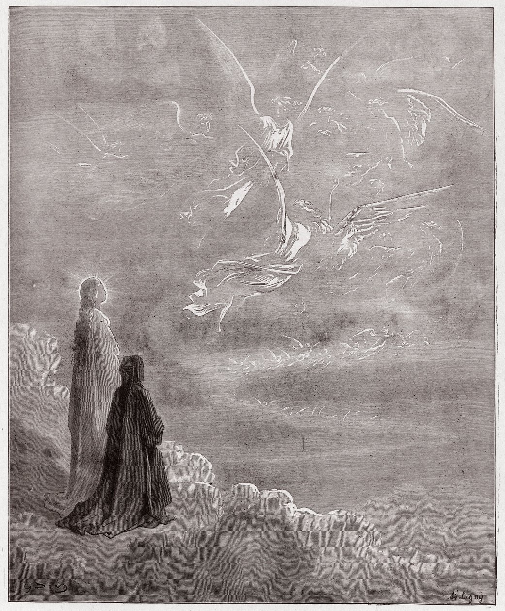 Boska Komedia (La Divina Commedia, La Divine Comedie), Paradiso, Canto 18: Dante i Beatrice przetłumaczone na sferę Jowisza - Dante Alighieri (1265-1321) - Ilustracja Gustave Dore (1832-1883) autorstwa Gustave Dore