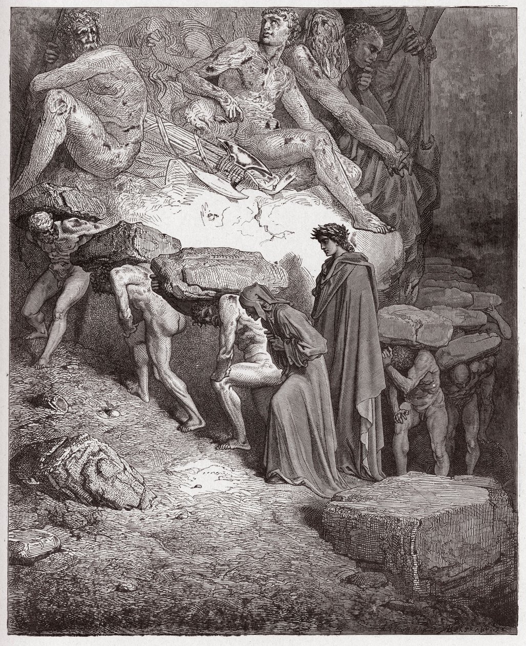 Boska Komedia (La Divina Commedia, La Divine Comedie), Purgatorio, Canto 11: Dusze dumnych, niosące ciężkie kamienie - Dante Alighieri (1265-1321) - Ilustracja Gustave Dore (1832-1883) autorstwa Gustave Dore
