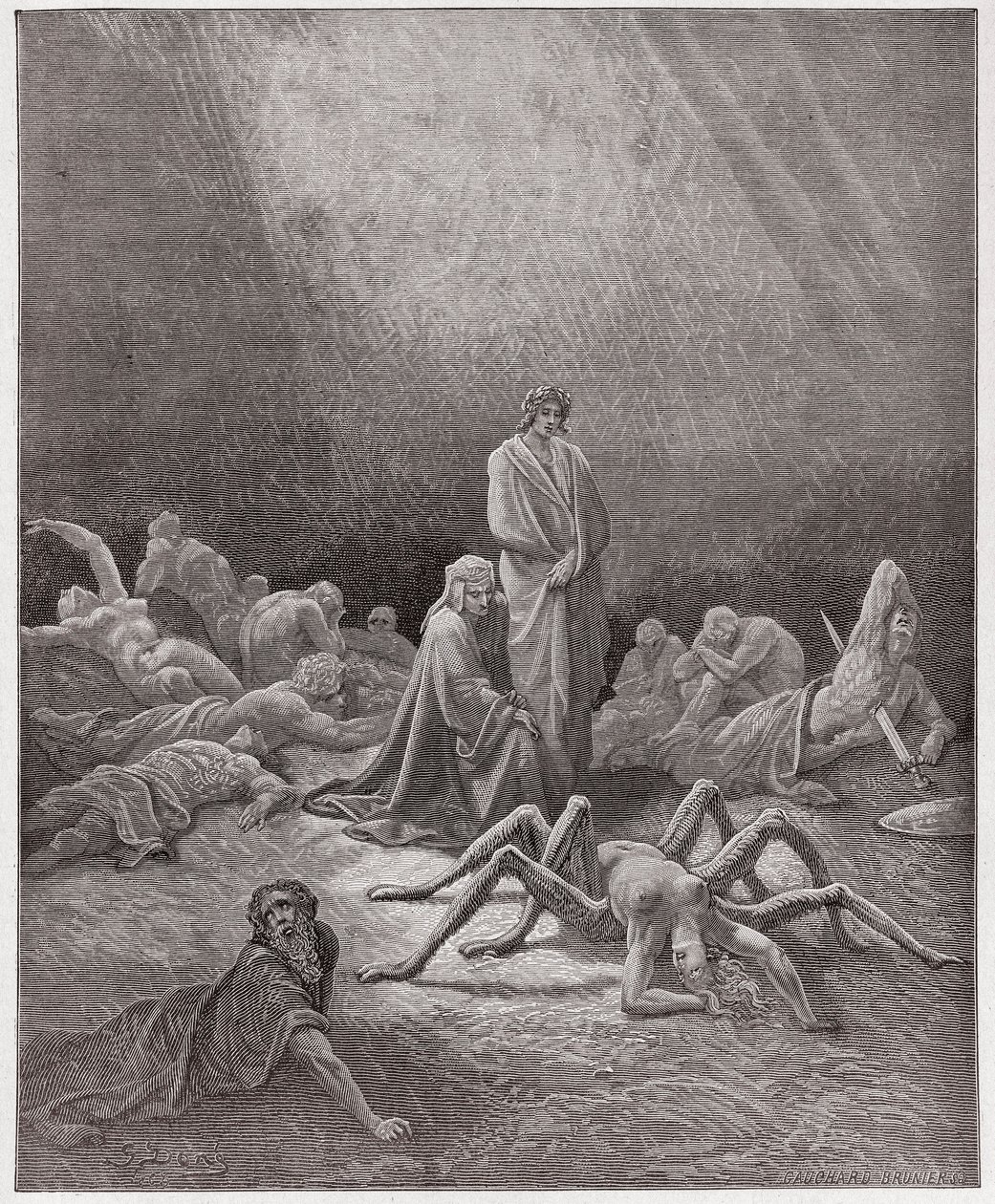 Boska Komedia (La Divina Commedia, La Divine Comedie), Purgatorio, Canto 12: Dante widzi duszę Arachne - autorstwa Dante Alighieri (1265-1321) - Ilustracja Gustave Dore (1832-1883) autorstwa Gustave Dore