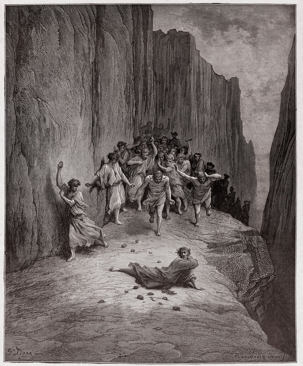 Boska Komedia (La Divina Commedia, La Divine Comedie), Purgatorio, Canto 15: Wizja Dantego ukamienowania Szczepana - autorstwa Dante Alighieri (1265-1321) - Ilustracja Gustave Dore (1832-1883) autorstwa Gustave Dore