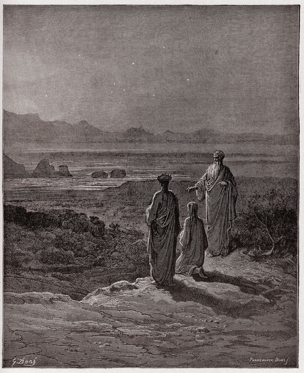 Boska Komedia (La Divina Commedia, La Divine Comedie), Purgatorio, Canto 1: Dante klęka przed Statiusem - autorstwa Dante Alighieri (1265-1321) - Ilustracja Gustave Dore (1832-1883) autorstwa Gustave Dore