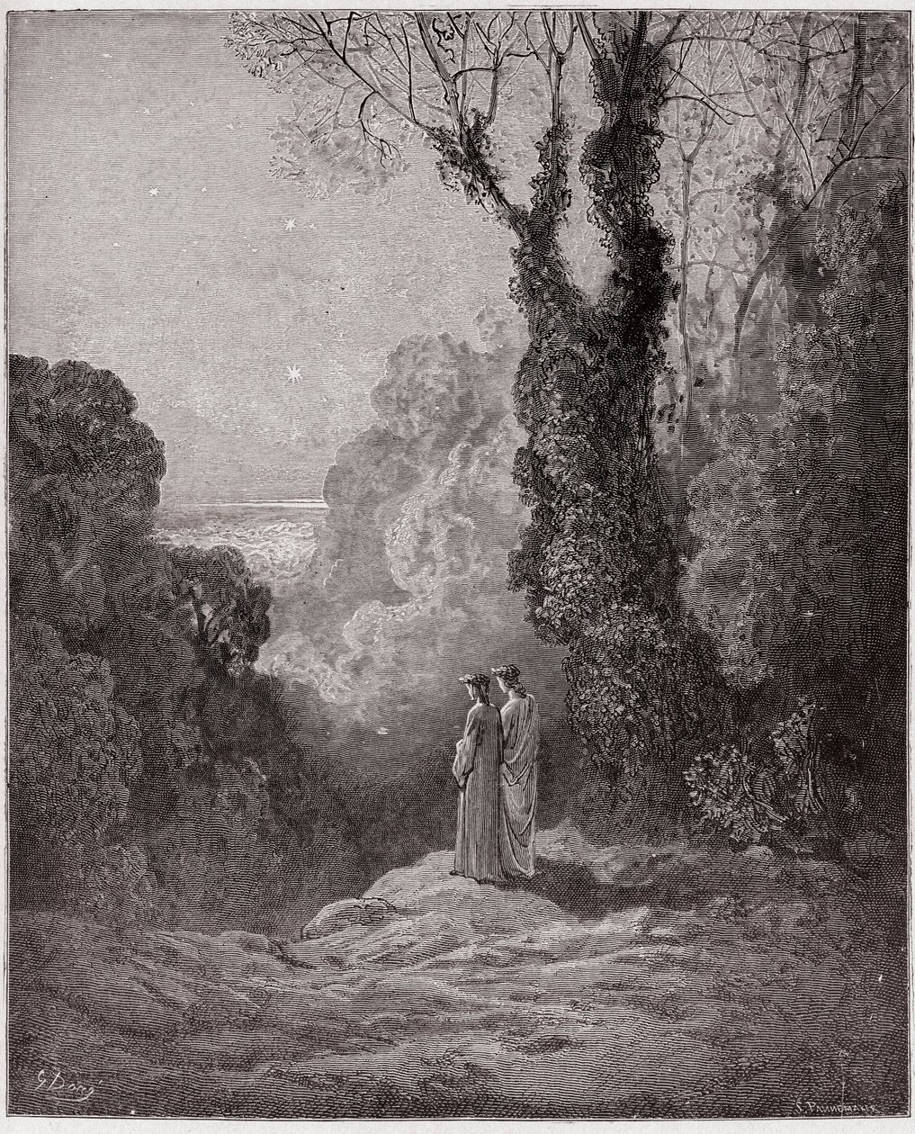 Boska Komedia (La Divina Commedia, La Divine Comedie), Purgatorio, Canto 1: Poeci widzą piękno Wenus na porannym niebie - autorstwa Dante Alighieri (1265-1321) - Ilustracja Gustave Dore (1832-1883) autorstwa Gustave Dore