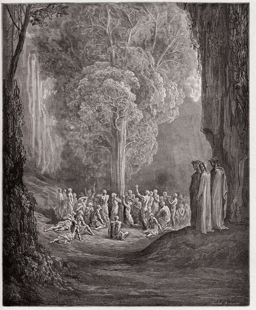 Boska Komedia (La Divina Commedia, La Divine Comedie), Purgatorio, Canto 24: Żarłoczne dusze wołające pod drzewem - Dante Alighieri (1265-1321) - Ilustracja Gustave Dore (1832-1883) autorstwa Gustave Dore