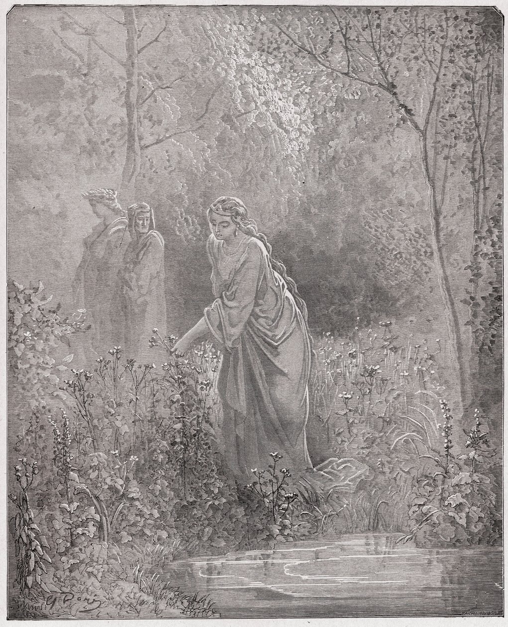 Boska Komedia (La Divina Commedia, La Divine Comedie), Purgatorio, Canto 27: Sen Danta o Lei na łące - autorstwa Dante Alighieri (1265-1321) - Ilustracja Gustave Dore (1832-1883) autorstwa Gustave Dore