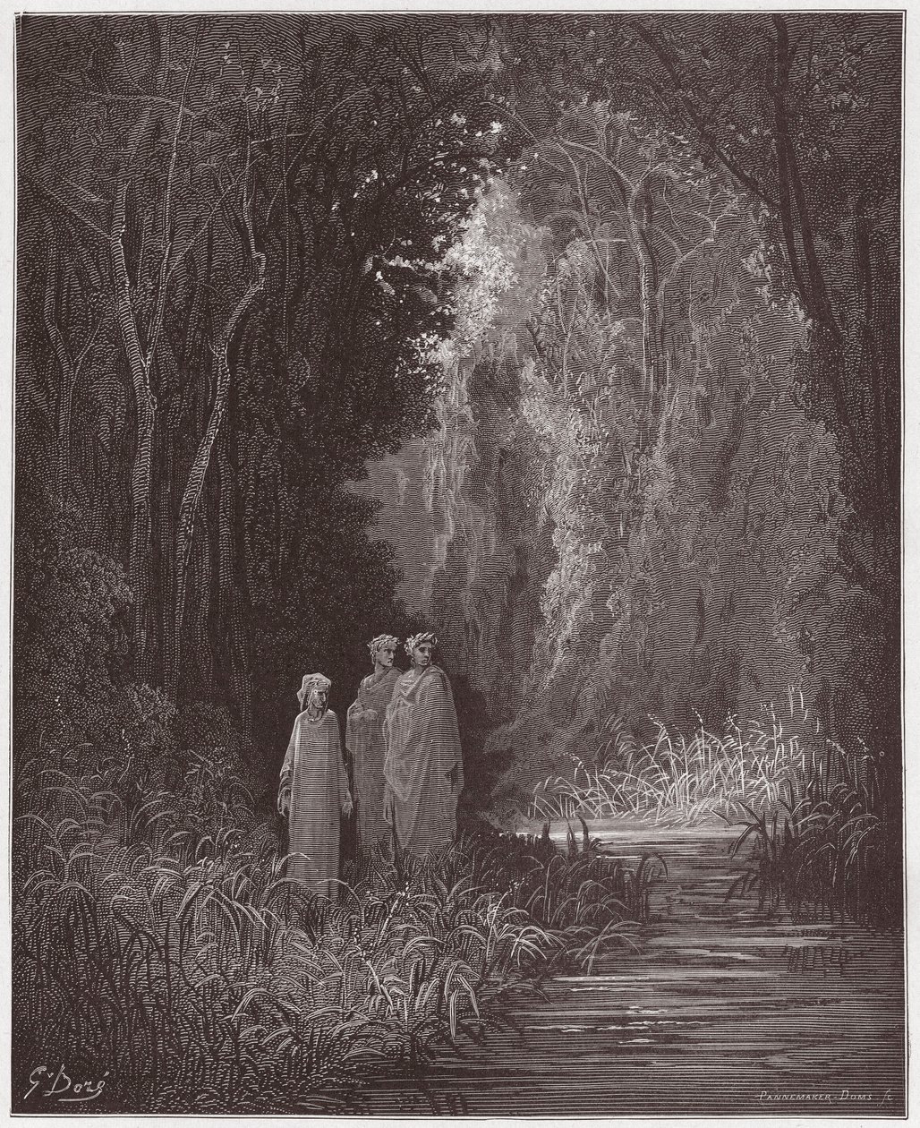Boska Komedia (La Divina Commedia, La Divine Comedie), Purgatorio, Canto 28: Dante, Virgil i Statius w starożytnym lesie ziemskiego raju - autorstwa Dante Alighieri (1265-1321) - Ilustracja Gustave Dore (1832-1883) ) autorstwa Gustave Dore