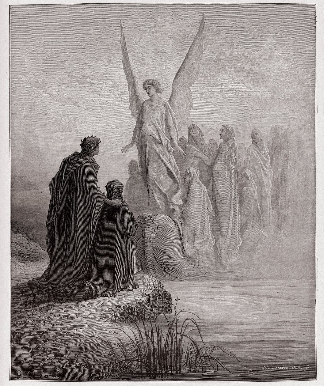Boska Komedia (La Divina Commedia, La Divine Comedie), Purgatorio, Canto 2: Niebiański pilot ląduje na łodzi - Dante Alighieri (1265-1321) - Ilustracja Gustave Dore (1832-1883) autorstwa Gustave Dore