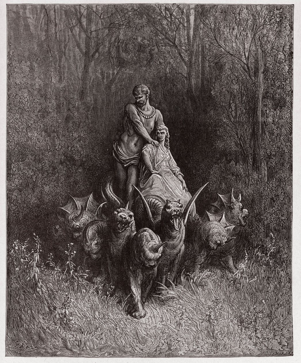 Boska Komedia (La Divina Commedia, La Divine Comedie), Purgatorio, Canto 32: Olbrzym i nierządnica w rydwanie - Dante Alighieri (1265-1321) - Ilustracja Gustave Dore (1832-1883) autorstwa Gustave Dore