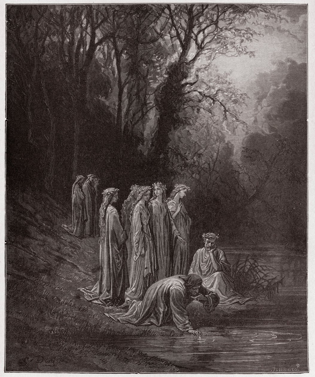 Boska Komedia (La Divina Commedia, La Divine Comedie), Purgatorio, Canto 33: Dante pije z rzeki Eunoe - autorstwa Dante Alighieri (1265-1321) - Ilustracja Gustave Dore (1832-1883) autorstwa Gustave Dore