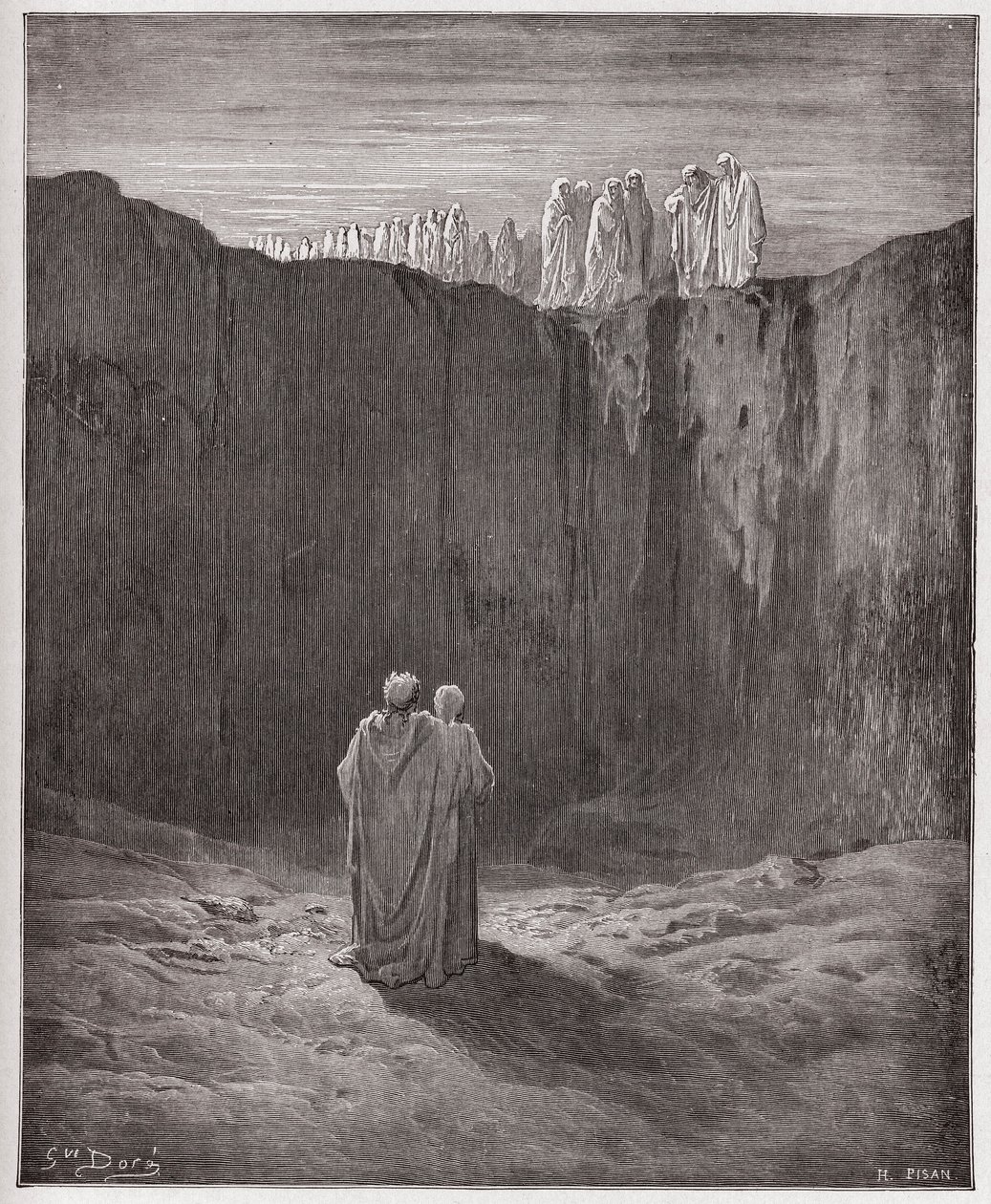 Boska Komedia (La Divina Commedia, La Divine Comedie), Purgatorio, Canto 3: Towarzystwo dusz na klifie - Dante Alighieri (1265-1321) - Ilustracja Gustave Dore (1832-1883) autorstwa Gustave Dore