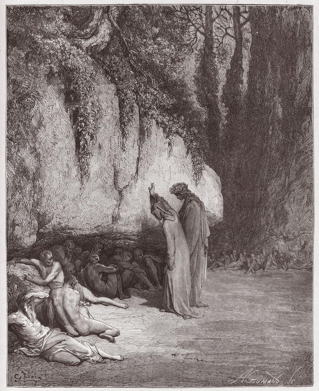 Boska Komedia (La Divina Commedia, La Divine Comedie), Purgatorio, Canto 4: Opieszałe dusze przy skale - Dante Alighieri (1265-1321) - Ilustracja Gustave Dore (1832-1883) autorstwa Gustave Dore