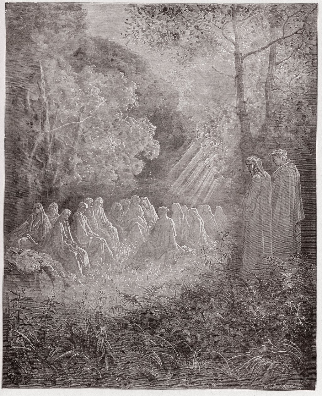 Boska Komedia (La Divina Commedia, La Divine Comedie), Purgatorio, Canto 7: Duchy śpiewające Salve Regina w dolinie - Dante Alighieri (1265-1321) - Ilustracja Gustave Dore (1832-1883) autorstwa Gustave Dore