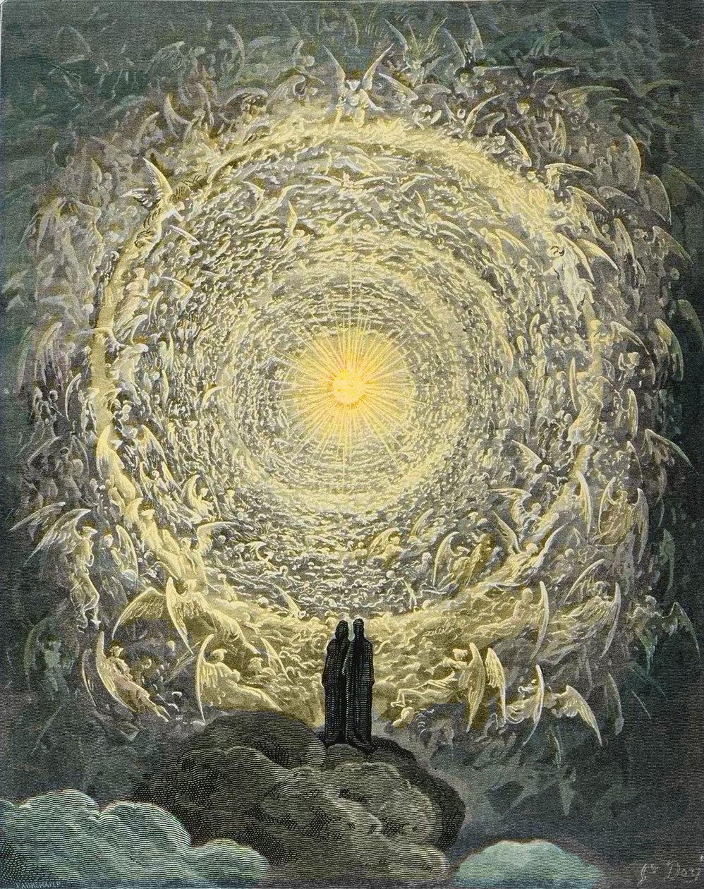 Boska Komedia, Paradiso, Canto 31: Święty tłum tworzy różę w Empireum (Rose Celeste) - Dante Alighieri (1265-1321) autorstwa Gustave Dore