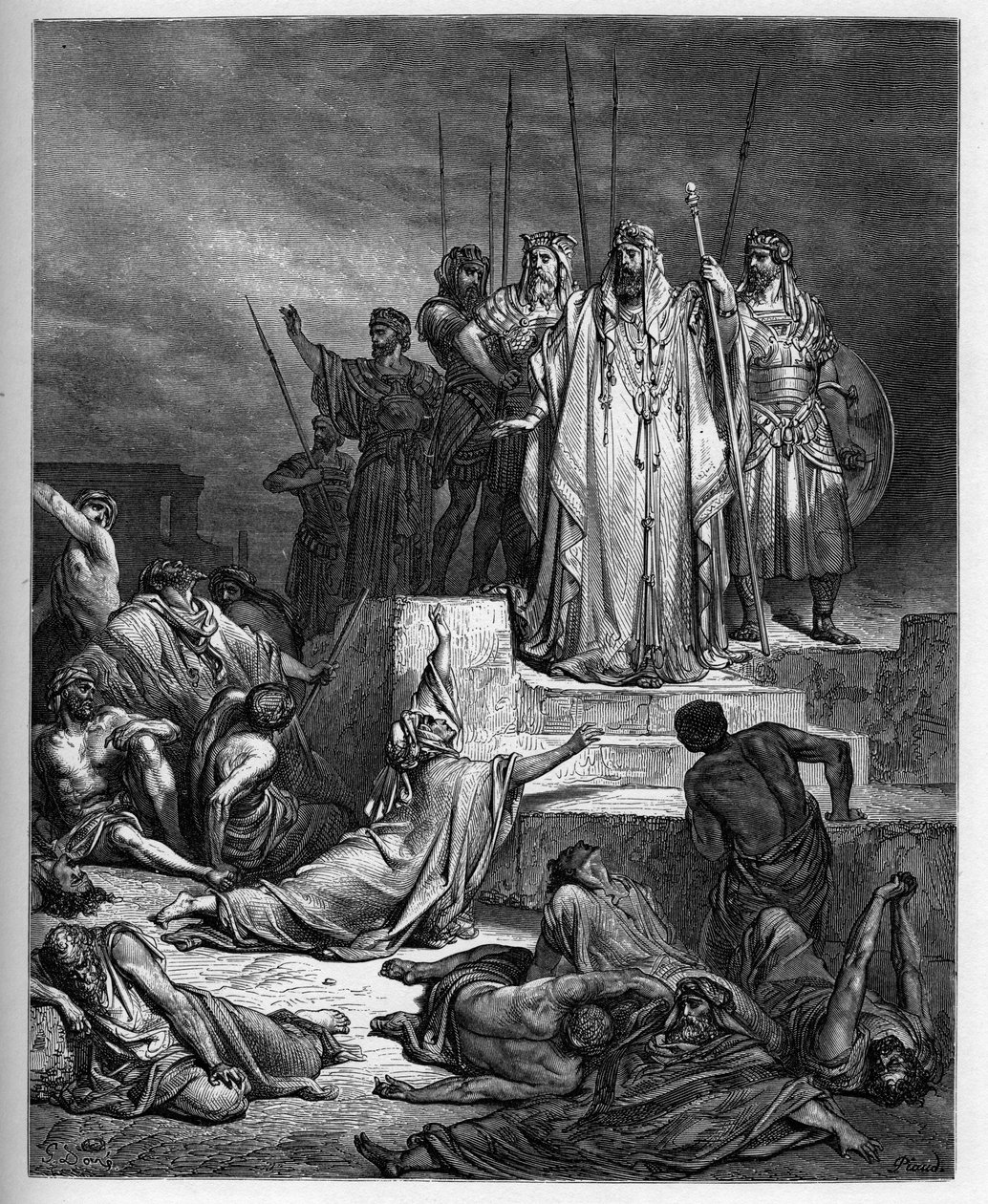 Głód w Samarii - Stary Testament: Oblężenie Samarii. Król Syrii oblega miasto Samarię i zredukował je do straszliwego głodu - - grawerowanie w „The Bible illustree” Gustave