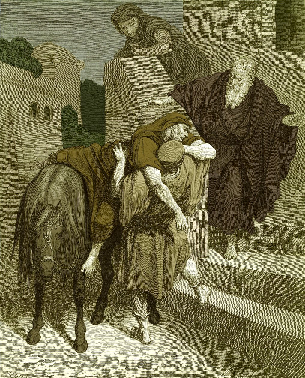 Dobry Samarytanin w gospodzie — Doré. - Biblia autorstwa Gustave Dore