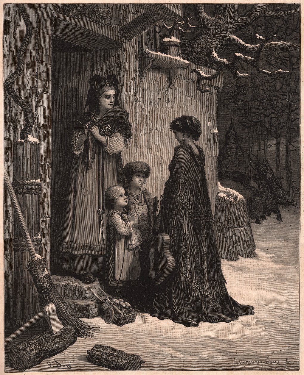 Konik polny i mrówka, ilustracja z bajki Jeana de la Fontaine autorstwa Gustave Dore