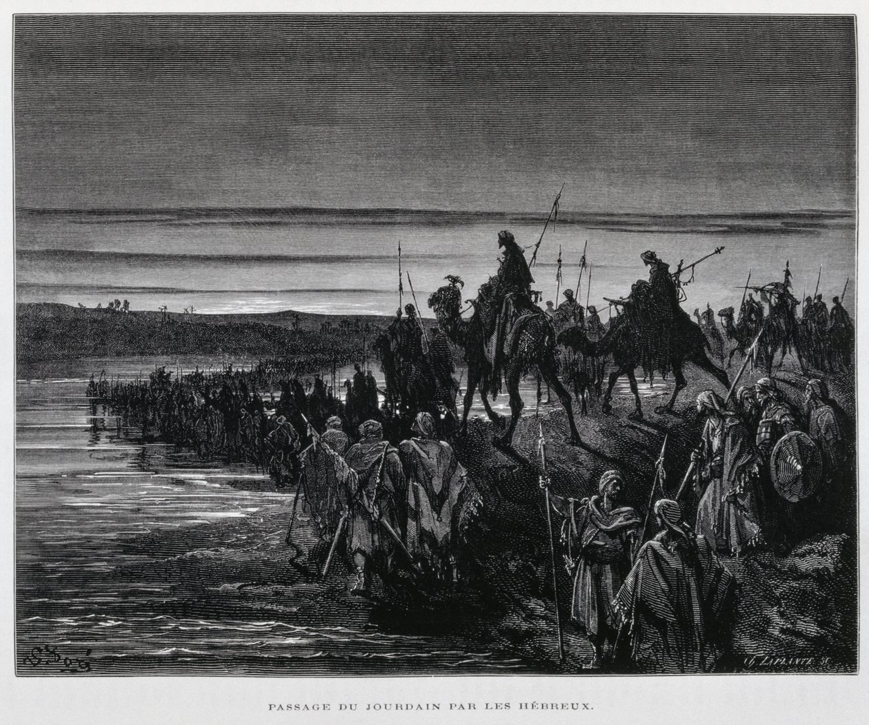 Plemiona hebrajskie wkraczają do Kanaanu przez rzekę Jordan, ilustracja z Biblii Dore