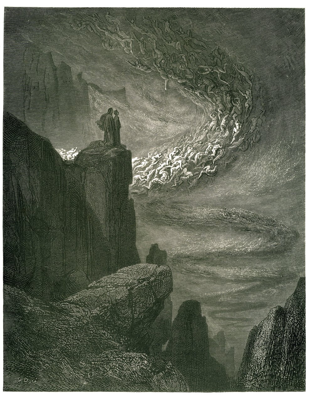 Piekło Dantego Alighieri (Boska Komedia) z ilustracjami Gustave’a Dore’a. Wydanie francuskie z 1861 r. „Piekielna burza, która nigdy nie pozostaje/Opuszcza duchy swoim rabunkiem. (Piekielny huragan, który nigdy się nie kończy, wciąga duchy w swój wicher)”, autorstwa Gustave Dore