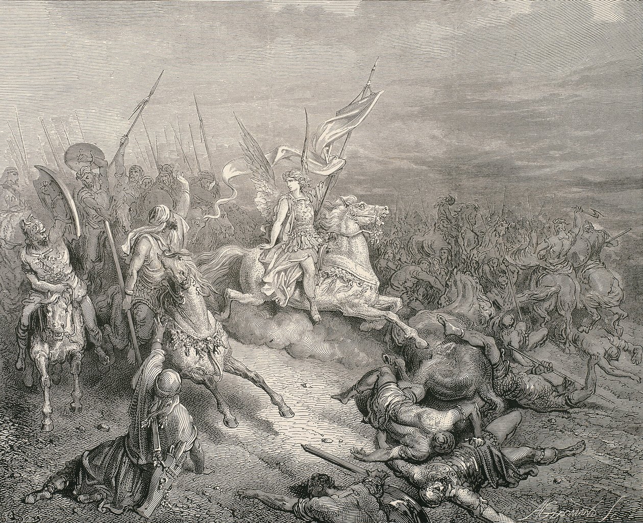 Święta Biblia. 1866. Anioł Machabeuszy. Rytownictwo autorstwa Gustave Dore