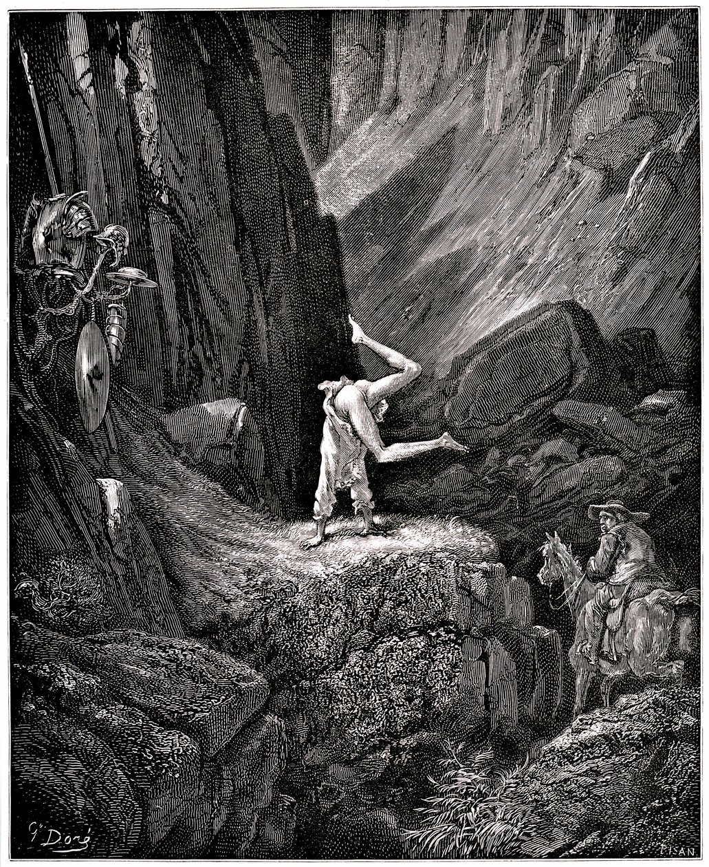 The Ingenious Hidalgo Don Quixote de la Mancha (Quixotte - Quijote) autorstwa Miguela de Cervantesa (1547-1616): rycerz każe smutnej postaci zrobić kabriolety "rozbierając do naga pewne rzeczy, które Sancho, aby ich nie widzieć, pospiesznie odwraca, zadowo autorstwa Gustave Dore