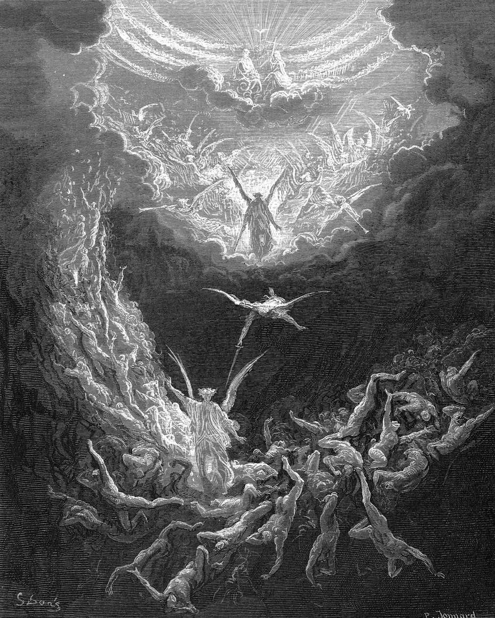 Sąd Ostateczny. Biblijna Księga Objawienia 20:11. Ilustracja Gustave